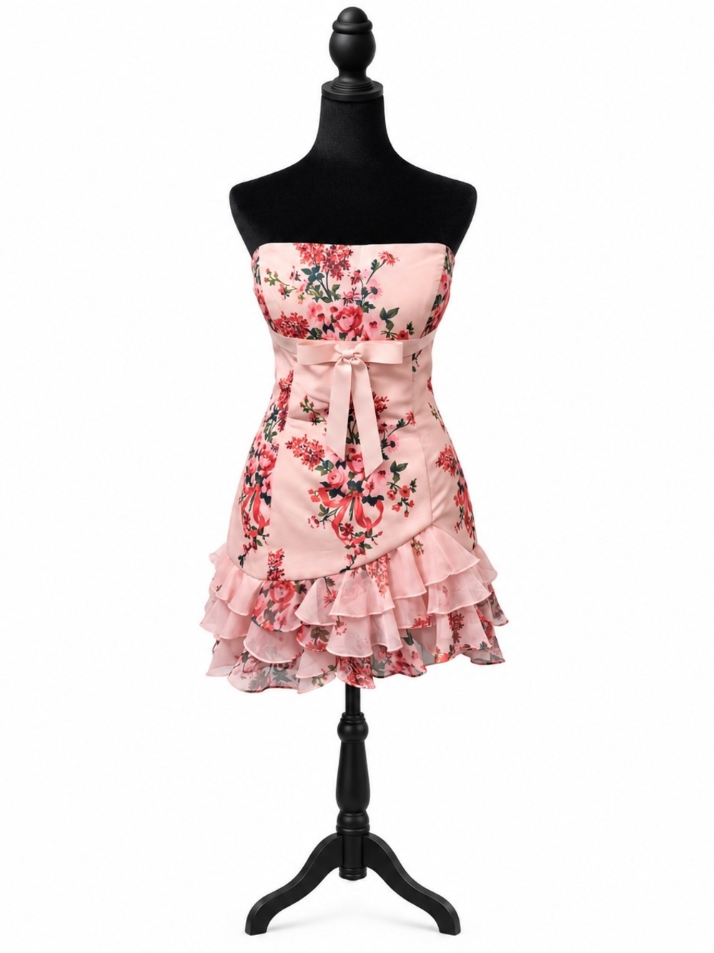Strapless Pink Floral Ruffle Dress with Waist Tie By Sherri Hill